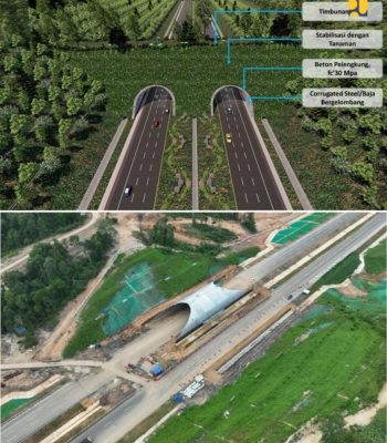 Digitální projekce (nahoře) a fotografie z dronu (dole) ukazují realizaci probíhající stavby koridoru pro divoká zvířata. Zdroj: Agentura pro správu dálnic Ministerstva veřejných prací (nahoře) a Antara News (dole).